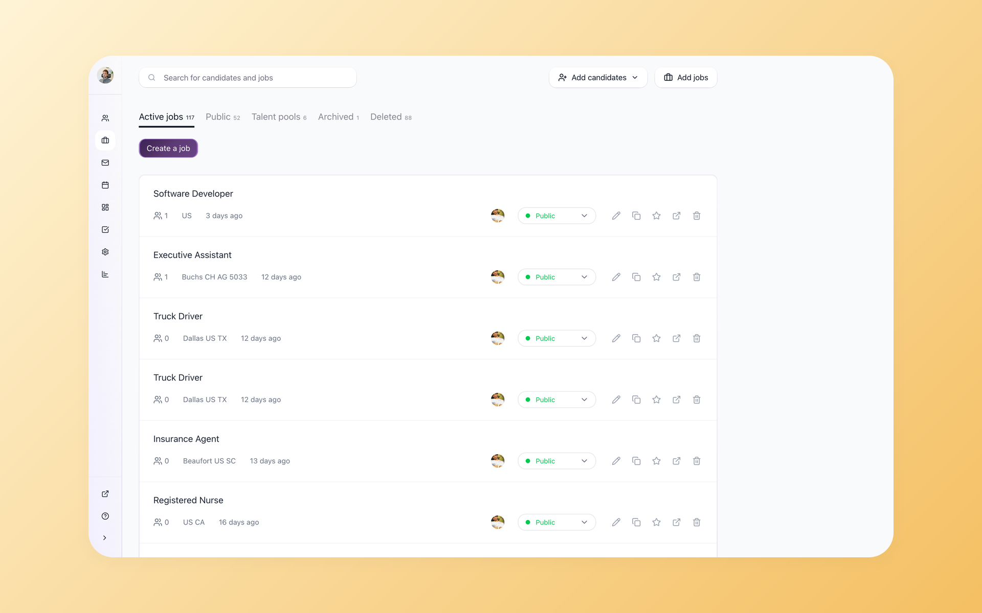 100Hires jobs dashboard showing multiple open roles across the recruiting pipeline