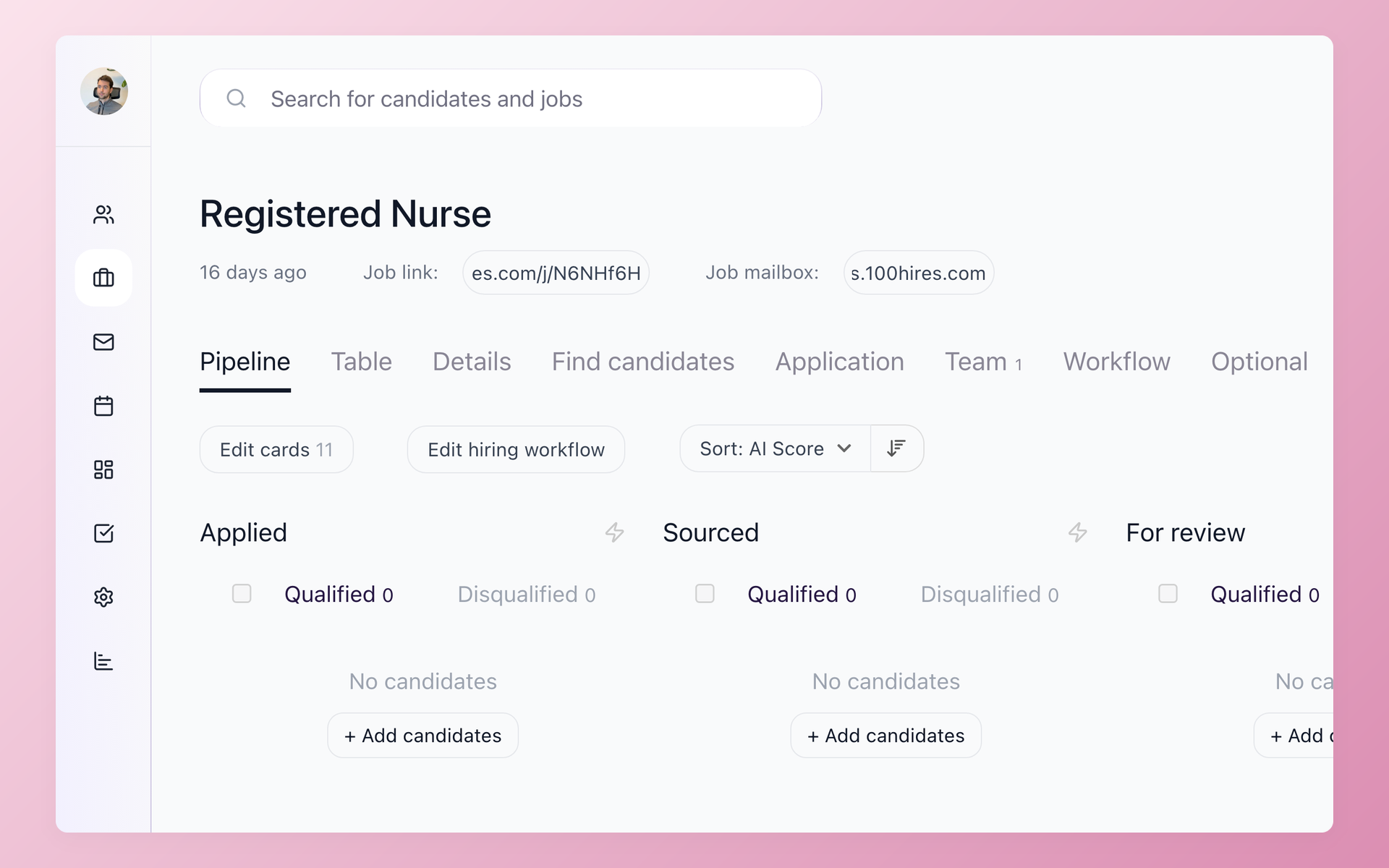 100Hires job pipeline dashboard with candidates sorted by AI Score, a talent acquisition software view of the hiring pipeline