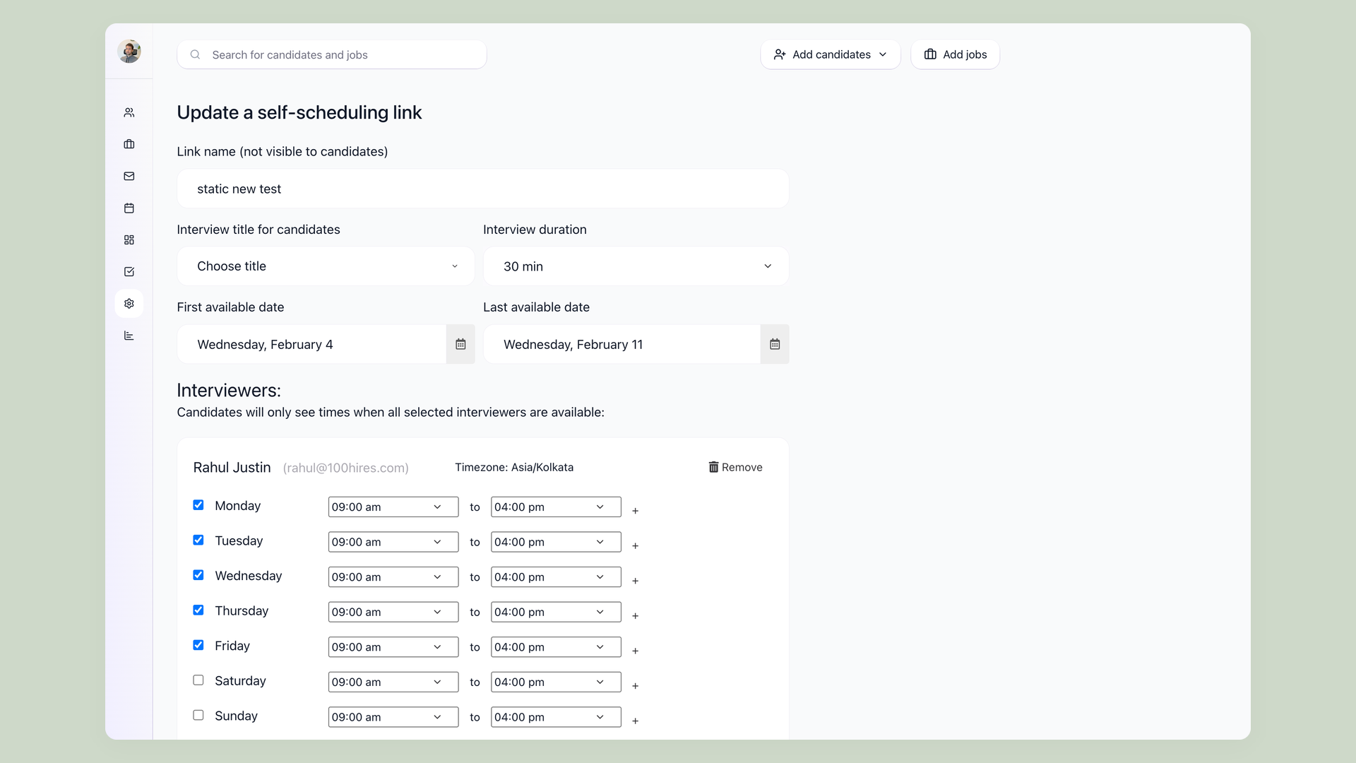 100Hires self-scheduling link with per-interviewer weekly availability matrix