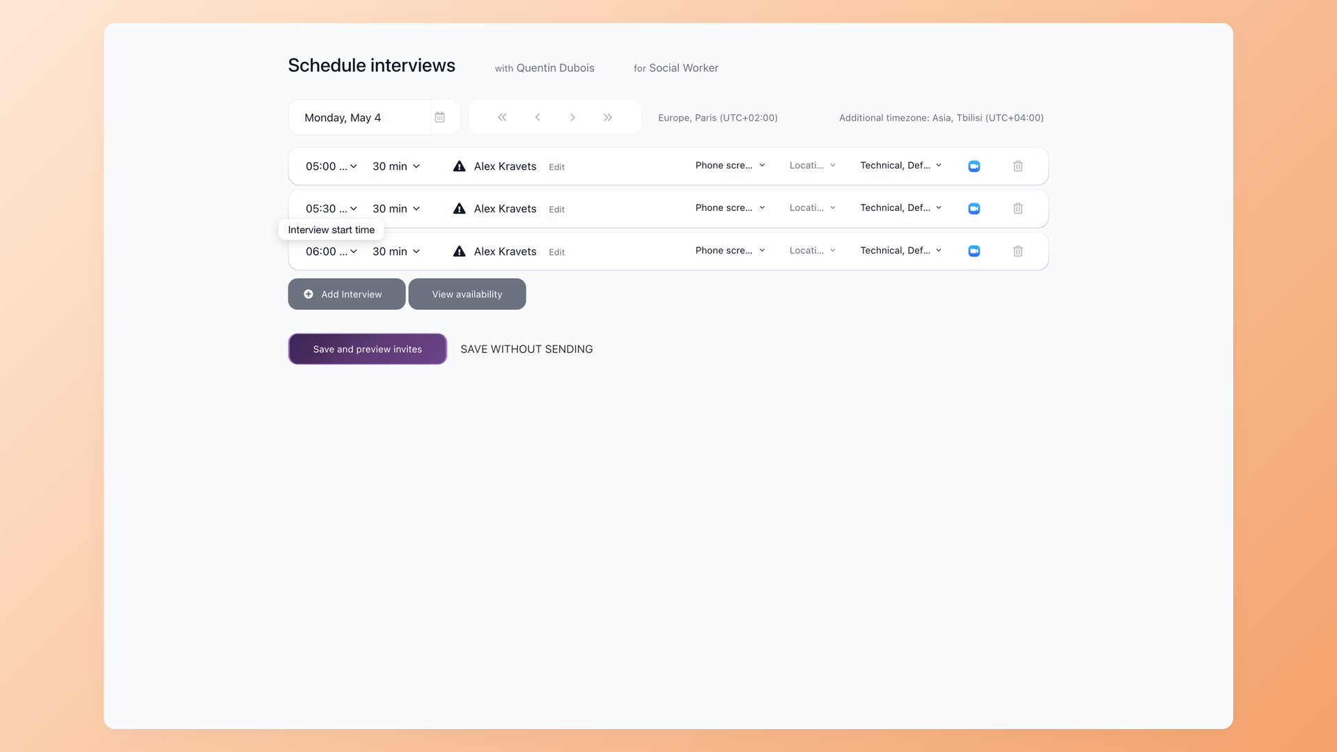 100Hires panel interview scheduling drawer with multi-interviewer availability check