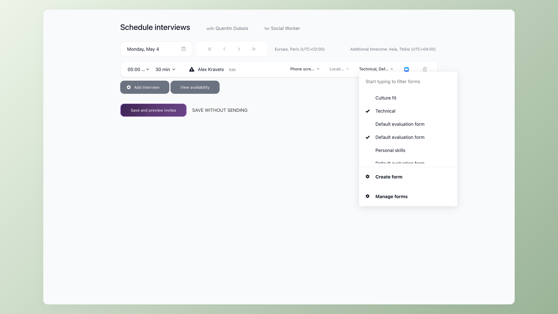 100Hires interview scheduling drawer with the evaluation form dropdown open next to Zoom video settings