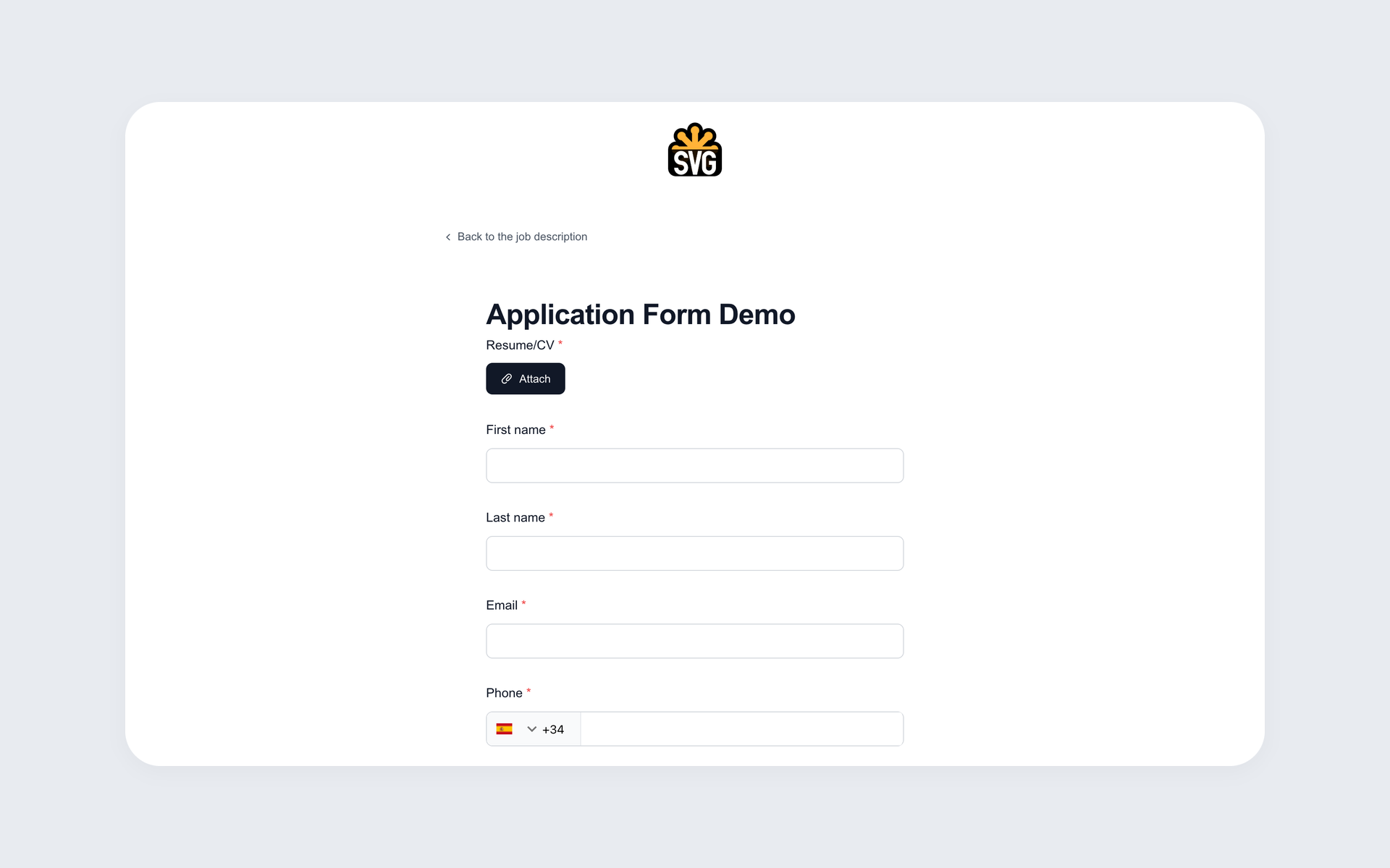 Branded online job application form built with 100Hires, with resume upload, first name, last name, email and phone fields