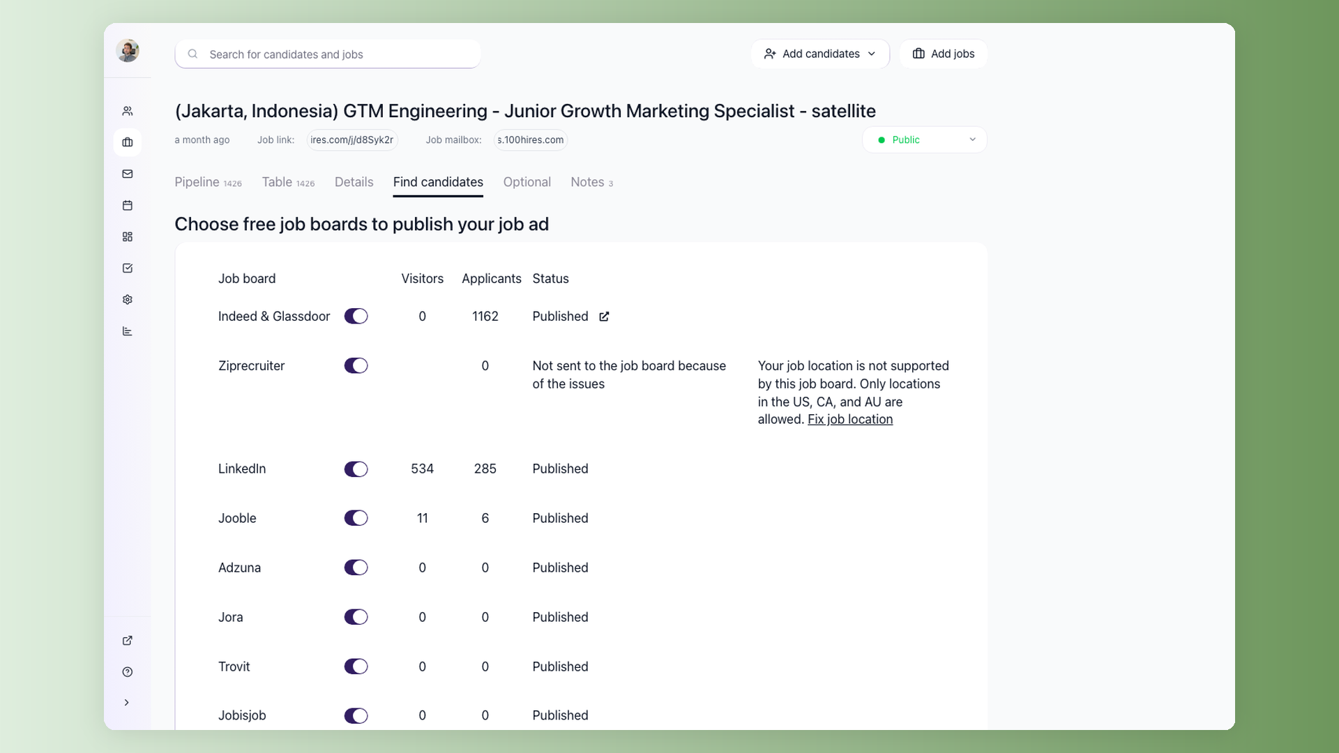 100Hires free job-board multiposting panel for a public job showing enabled toggles, visitor counts, applicant counts, and Published statuses