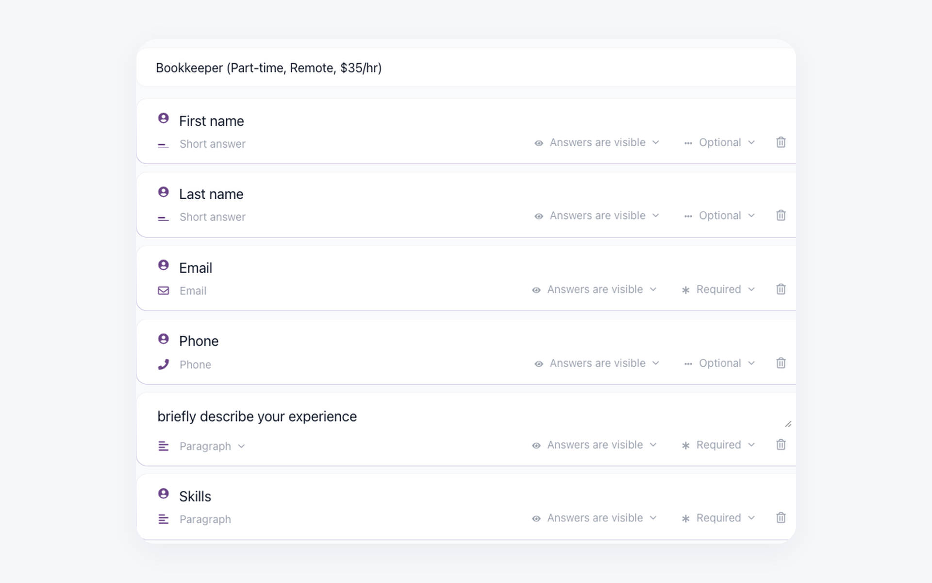 100Hires form builder showing reusable screening questions with short answer, paragraph, yes/no, required, and optional controls