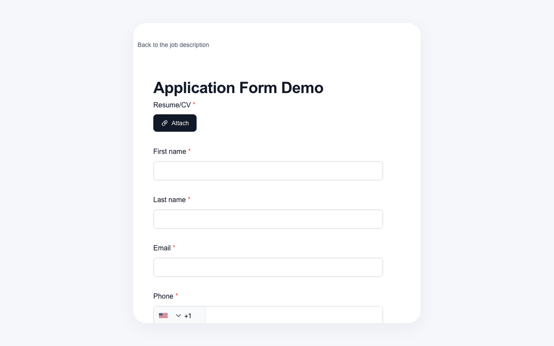 Candidate-facing 100Hires form page showing resume, name, email, phone, and screening fields