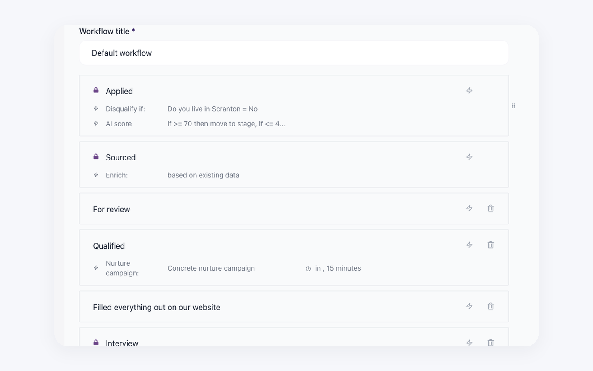 100Hires workflow editor showing a form-answer disqualification rule and AI score automation in a hiring pipeline