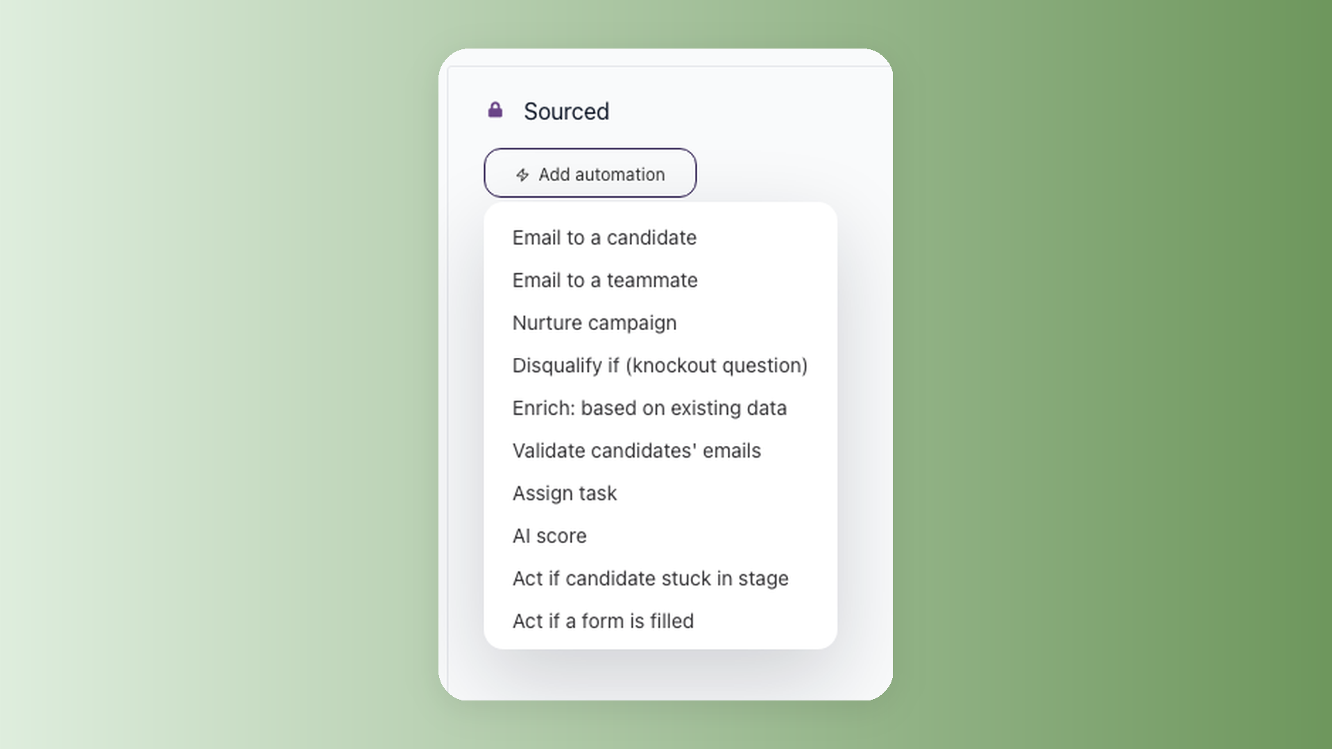 Workflow Add automation dropdown with email, teammate, nurture campaign, assign task, and AI score options