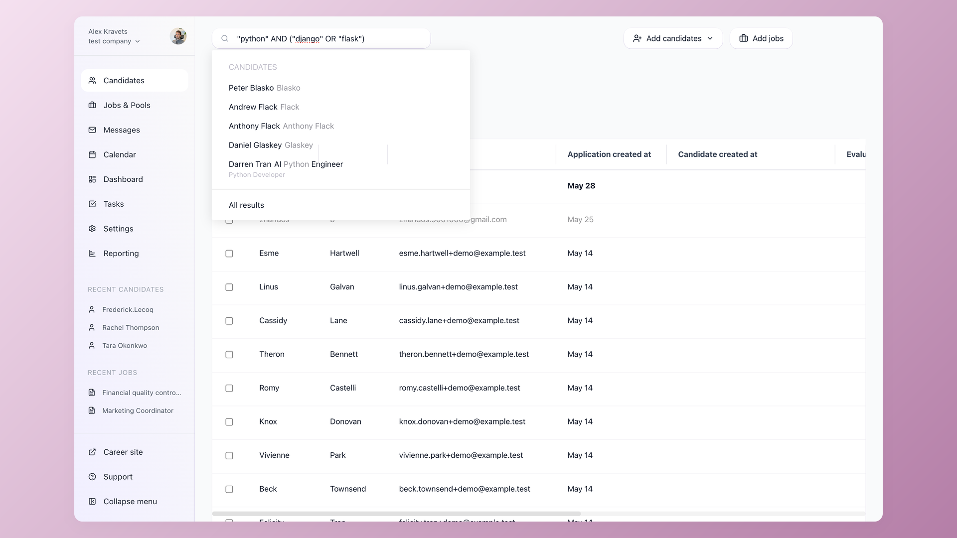 100Hires resume database search with a Boolean query python AND django OR flask returning matched candidates in the dropdown