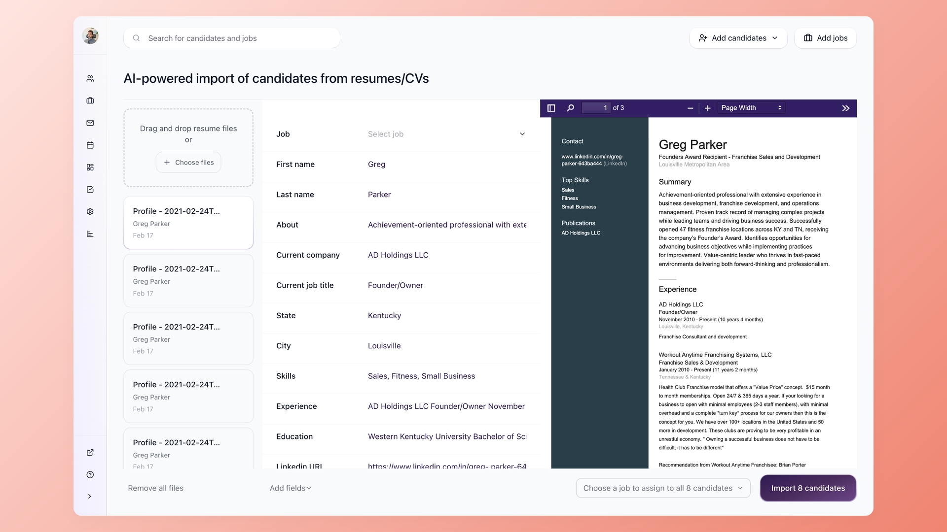 100Hires AI-powered import screen showing 8 parsed resumes with extracted name, current company, city, skills, and the original PDF preview
