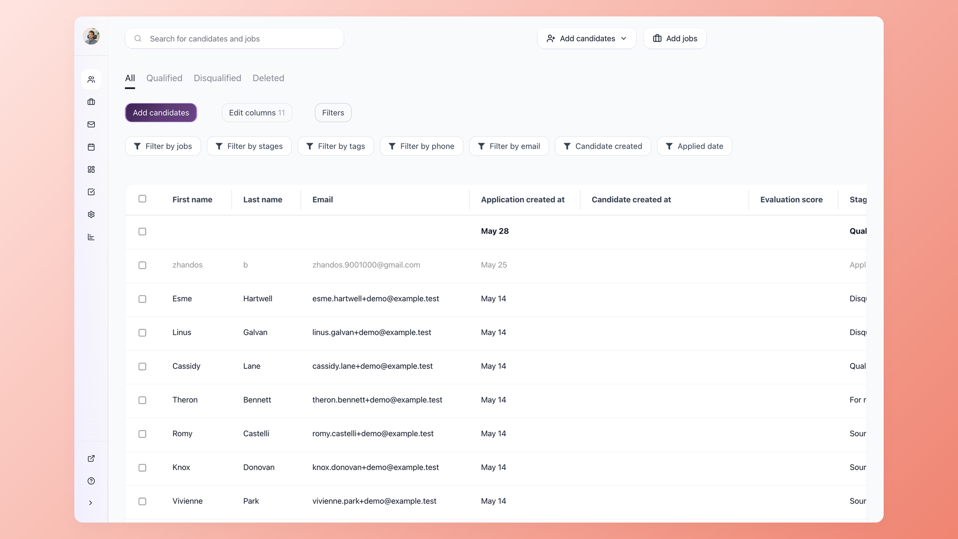100Hires candidates view filtered by Talent Pool tags and stages