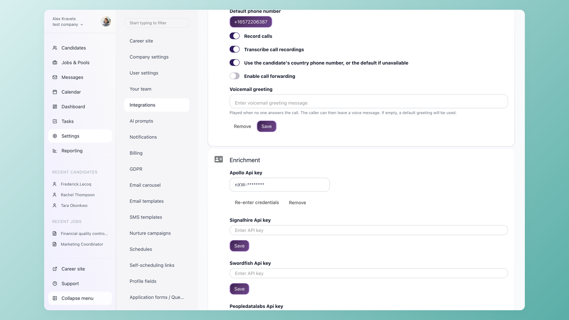 100Hires contact enrichment settings with masked Apollo, Signalhire, Swordfish, and Peopledatalabs API key fields visible for refreshing candidate data