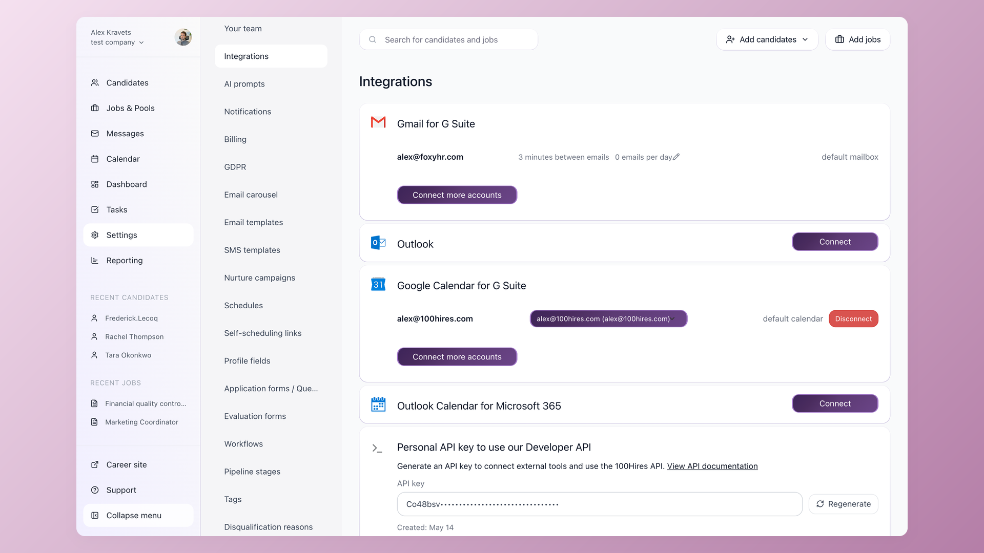 100Hires settings sidebar with Your team, GDPR, Integrations, Profile fields, Tags and other admin sections used to control candidate data access and retention