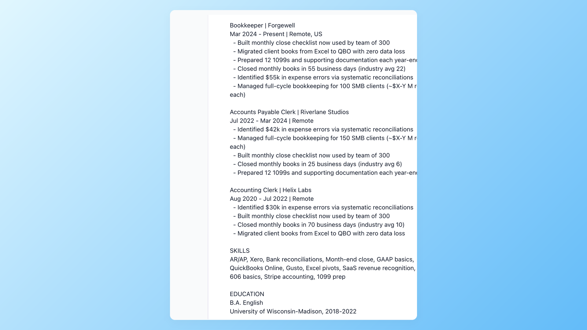 100Hires parse preview showing the fields extracted from one resume beside the original document for the recruiter to confirm before import