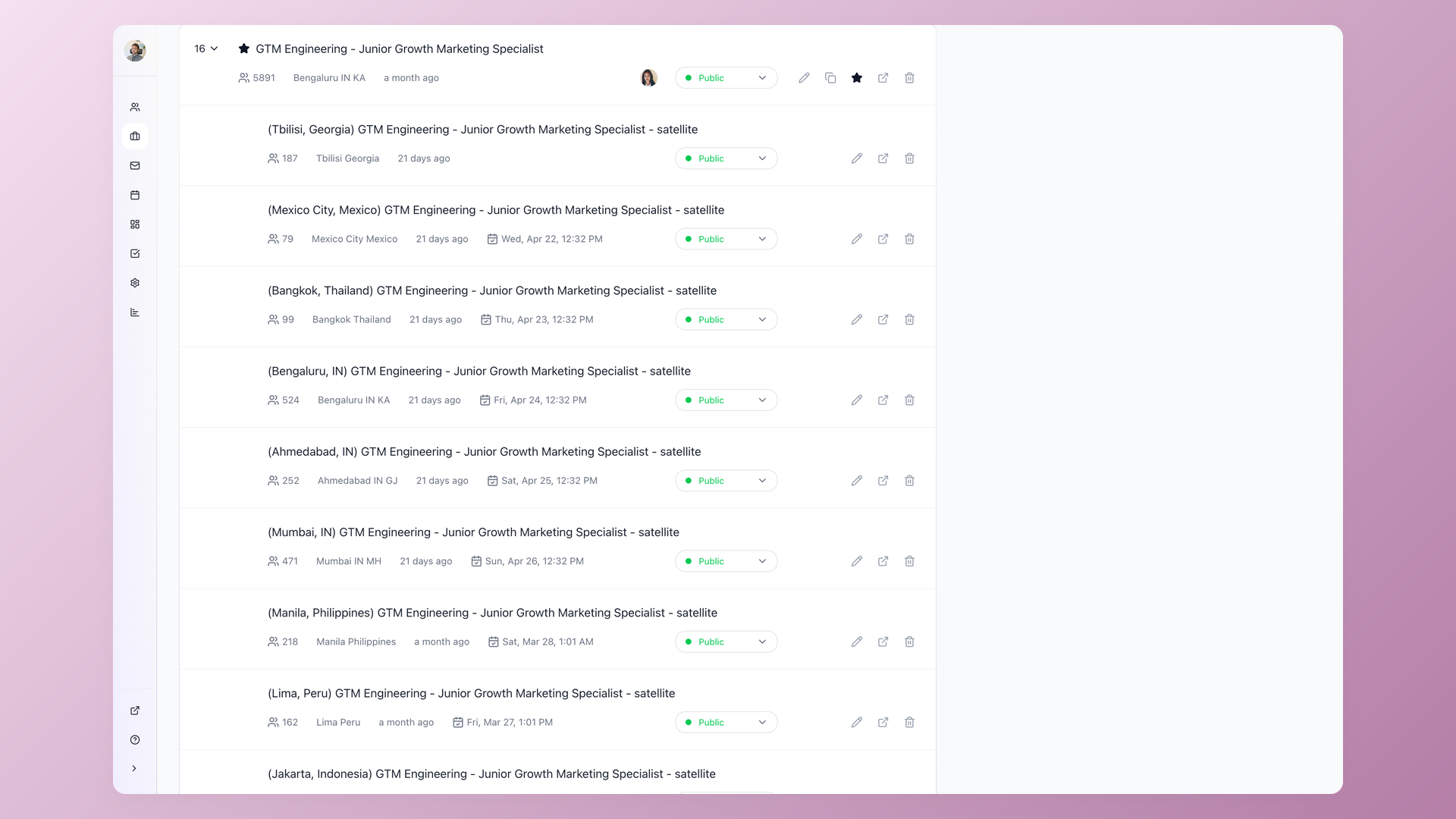 100Hires Jobs page with one main Junior Growth Marketing Specialist role expanded to show its 16 satellite jobs: Tbilisi, Mexico City, Bangkok, Bengaluru, Ahmedabad, Mumbai, Manila, Lima, Jakarta and more, each satellite carrying its own per-city applicant count (524, 471, 252 ...)