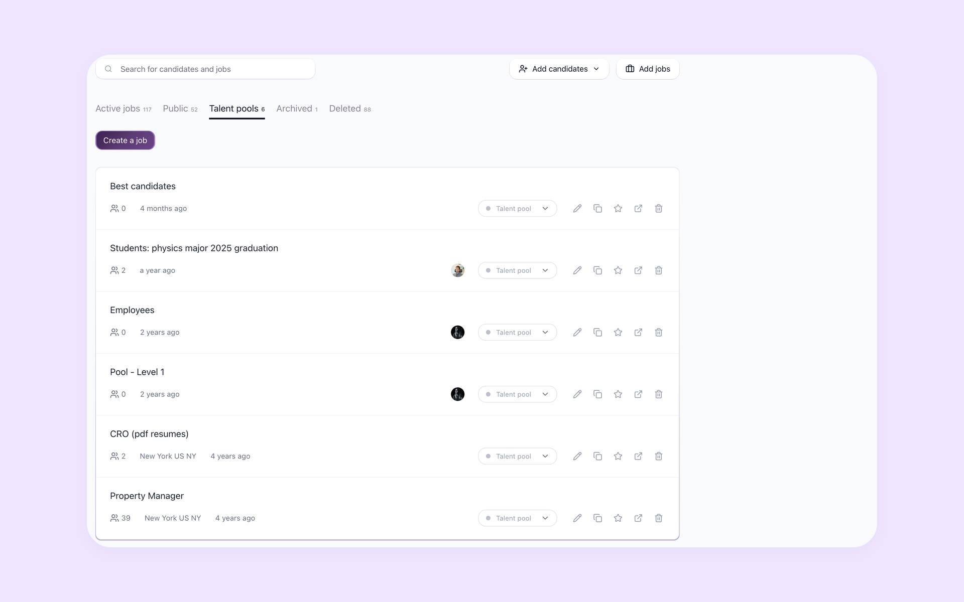 Talent Pools tab in 100Hires listing saved candidate pools with candidate counts, part of a talent acquisition software pipeline for future hiring
