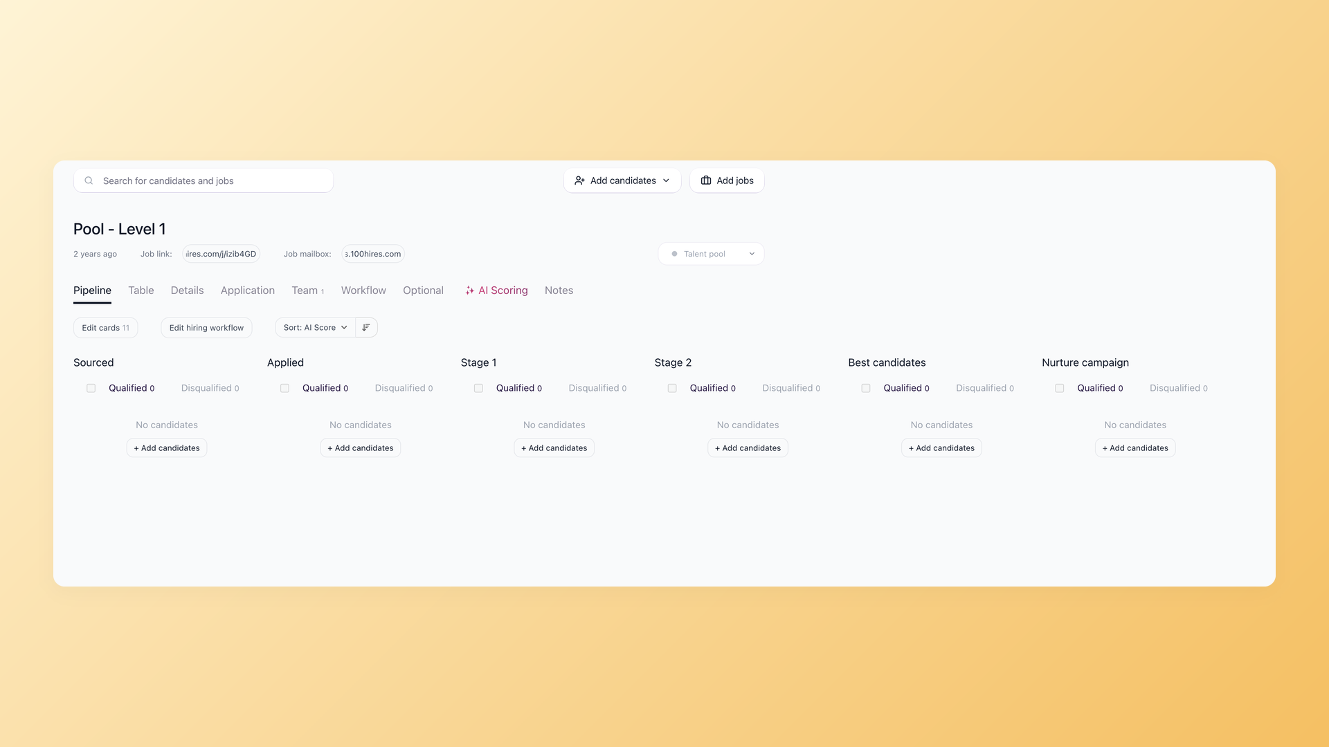 100Hires Talent Pool kanban showing workflow stages Sourced, Applied, Stage 1, Stage 2, Best candidates, and Nurture campaign, proving a pool keeps its full pipeline