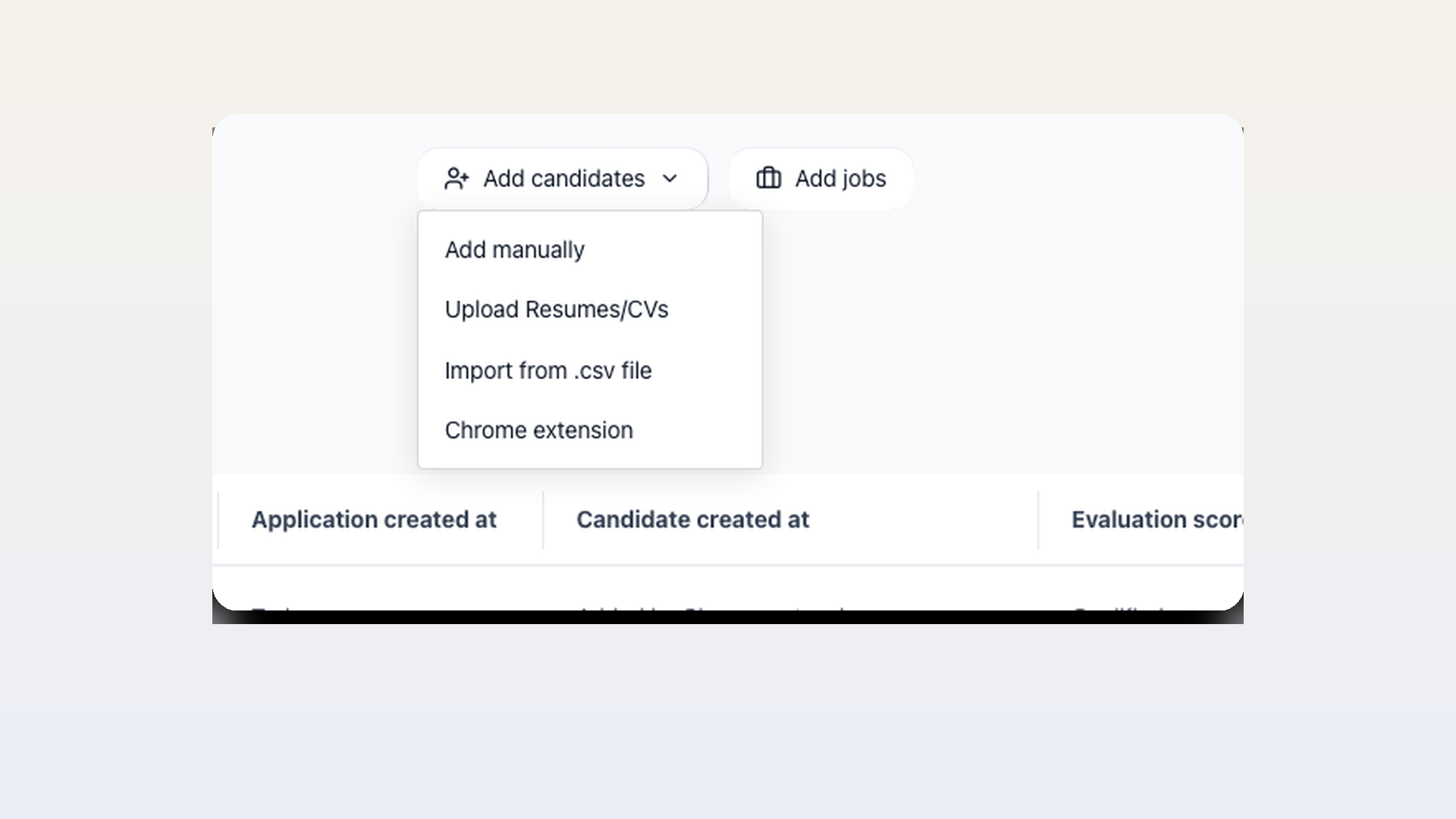 100Hires Add candidates menu with the Chrome extension option
