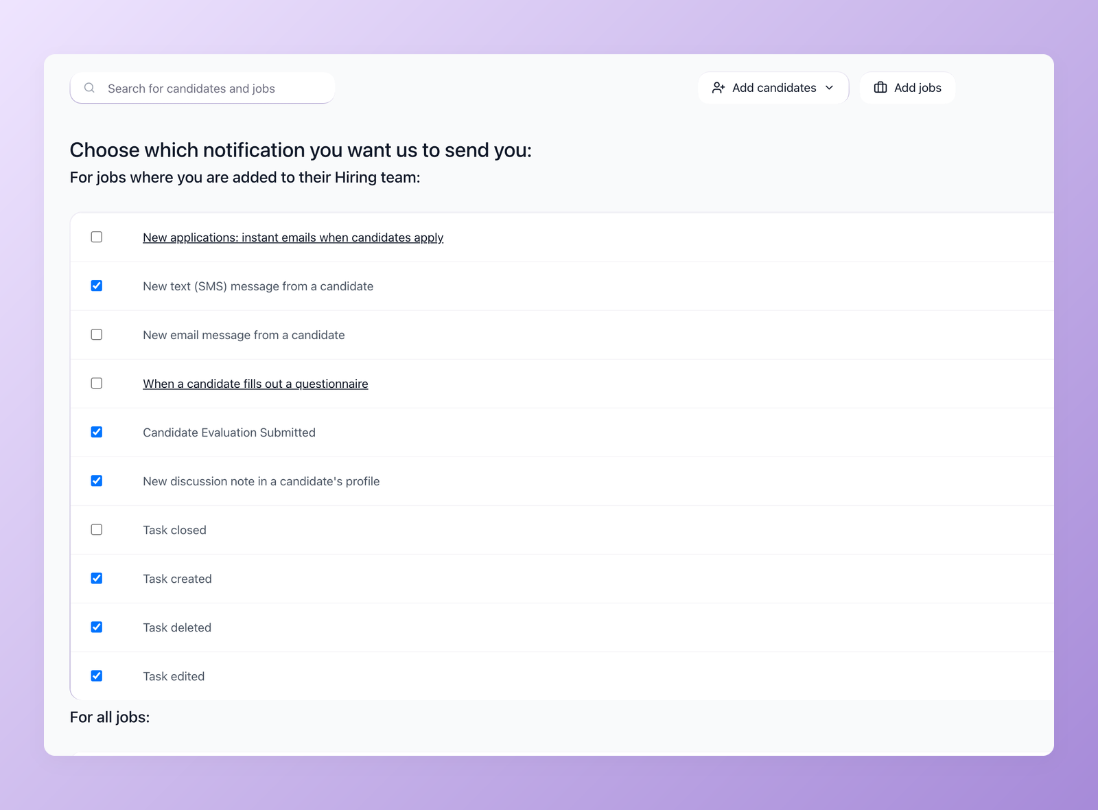 100Hires notification settings listing hiring events including instant new-application alerts