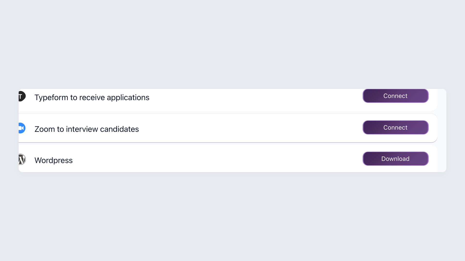 Zoom to interview candidates card in 100Hires Settings, Integrations with a Connect button