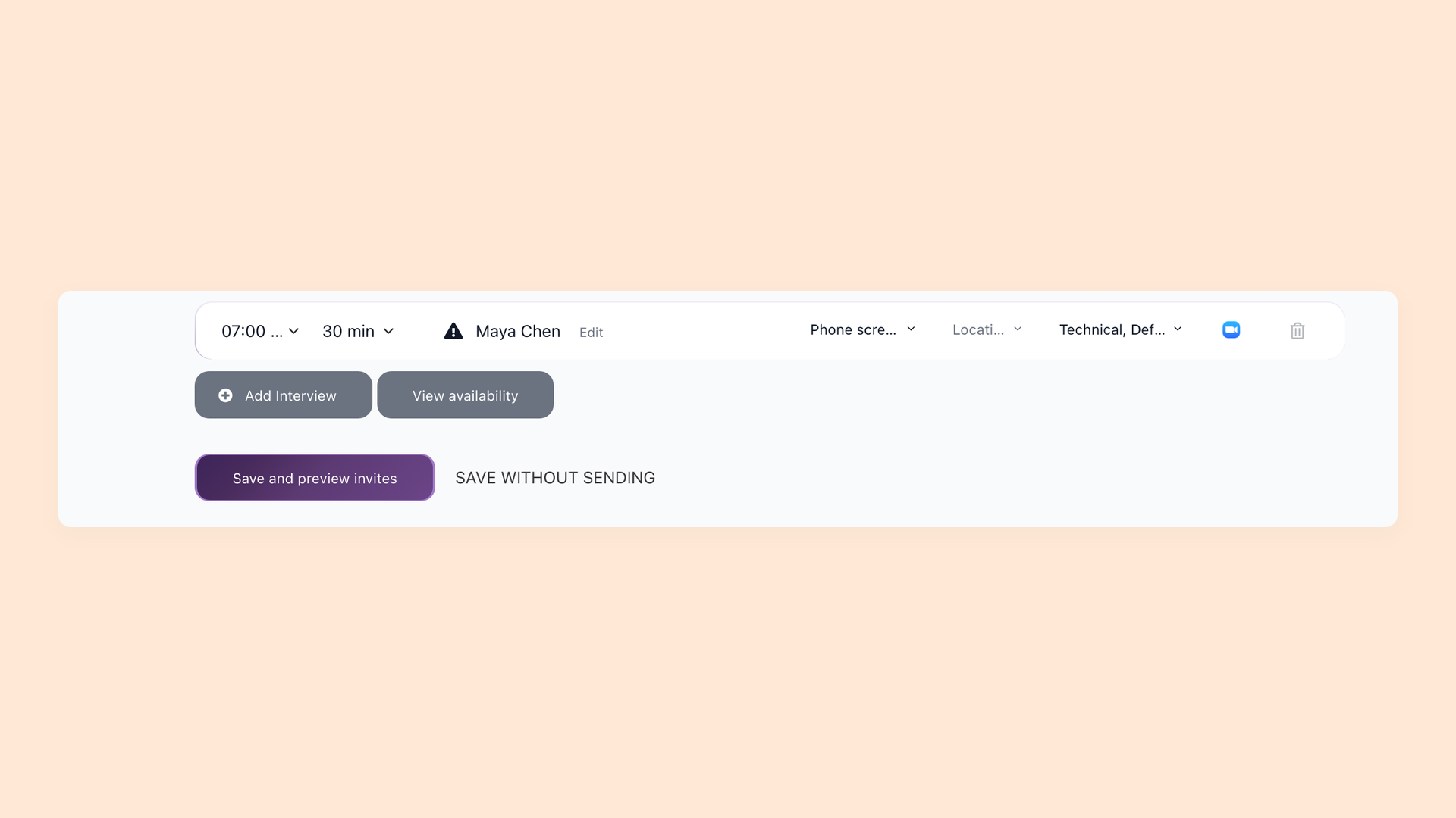 100Hires interview row with the Zoom video meeting selected, next to the Save and preview invites button
