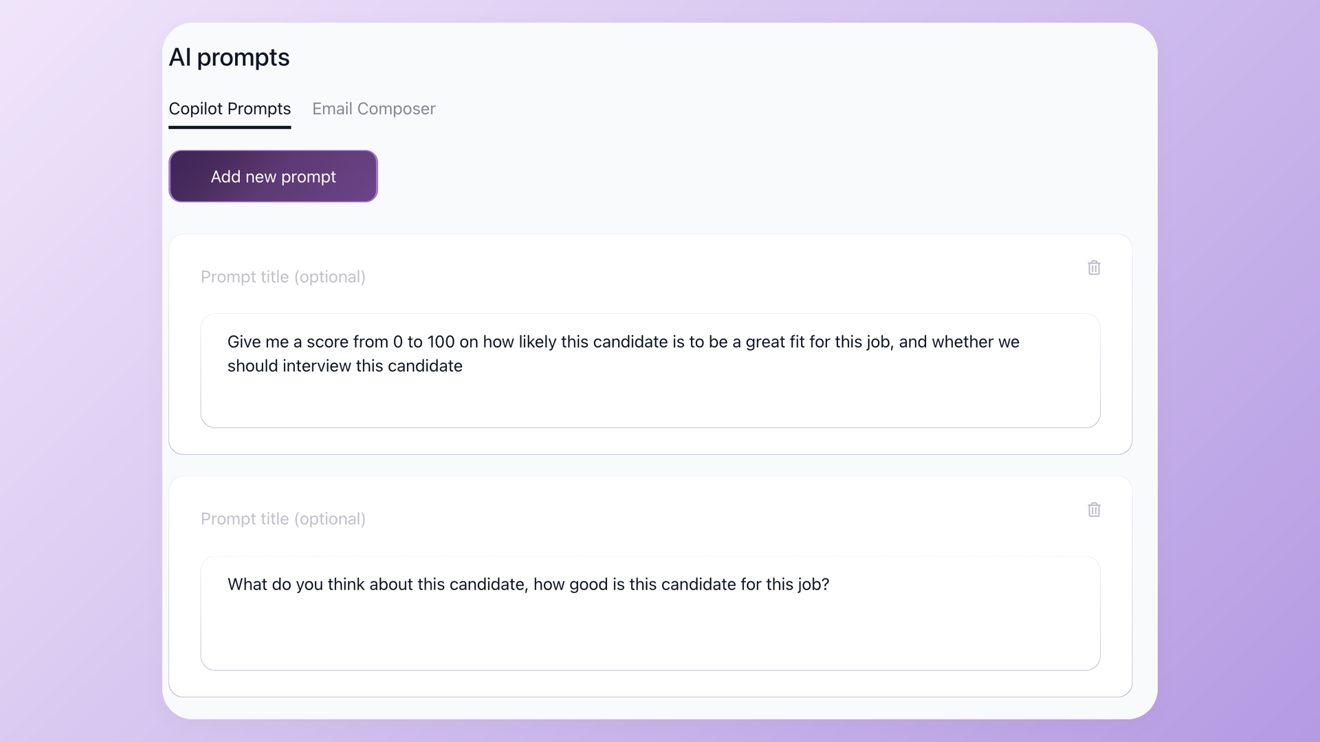100Hires AI prompts settings showing Copilot Prompts and Email Composer tabs with saved prompts