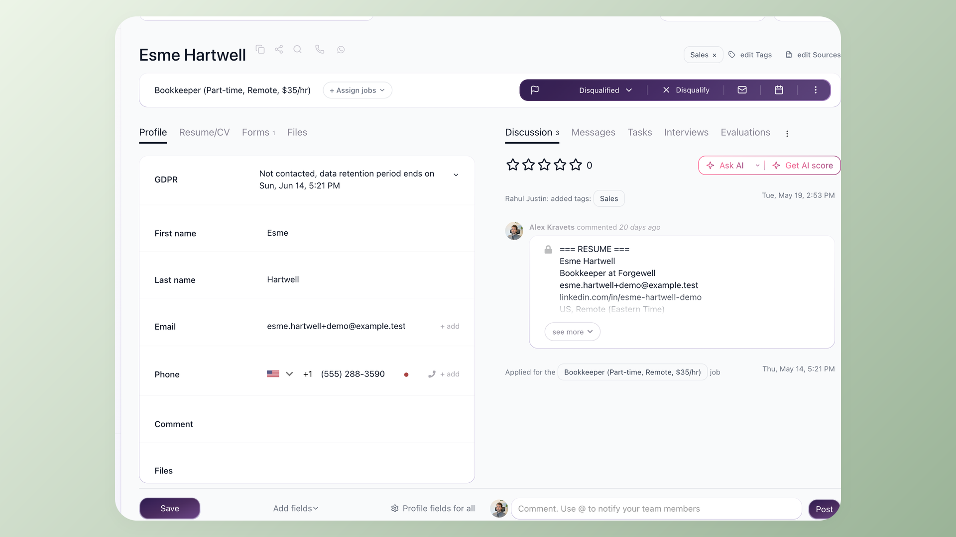 Redesigned 100Hires candidate profile with tabs, fields, discussion feed and Ask AI and Get AI score buttons