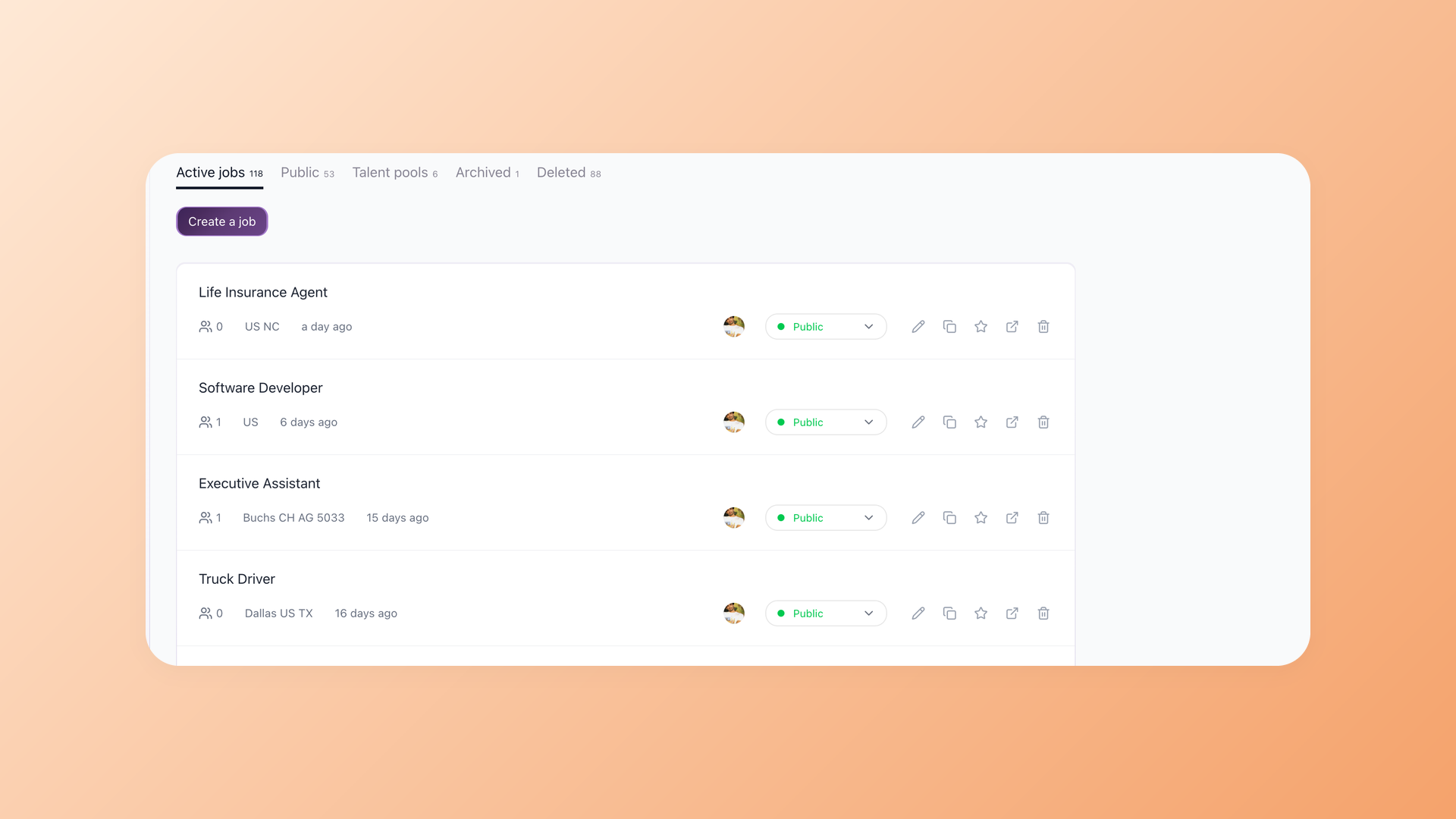 100Hires jobs list showing job management with status toggles, clone and share actions