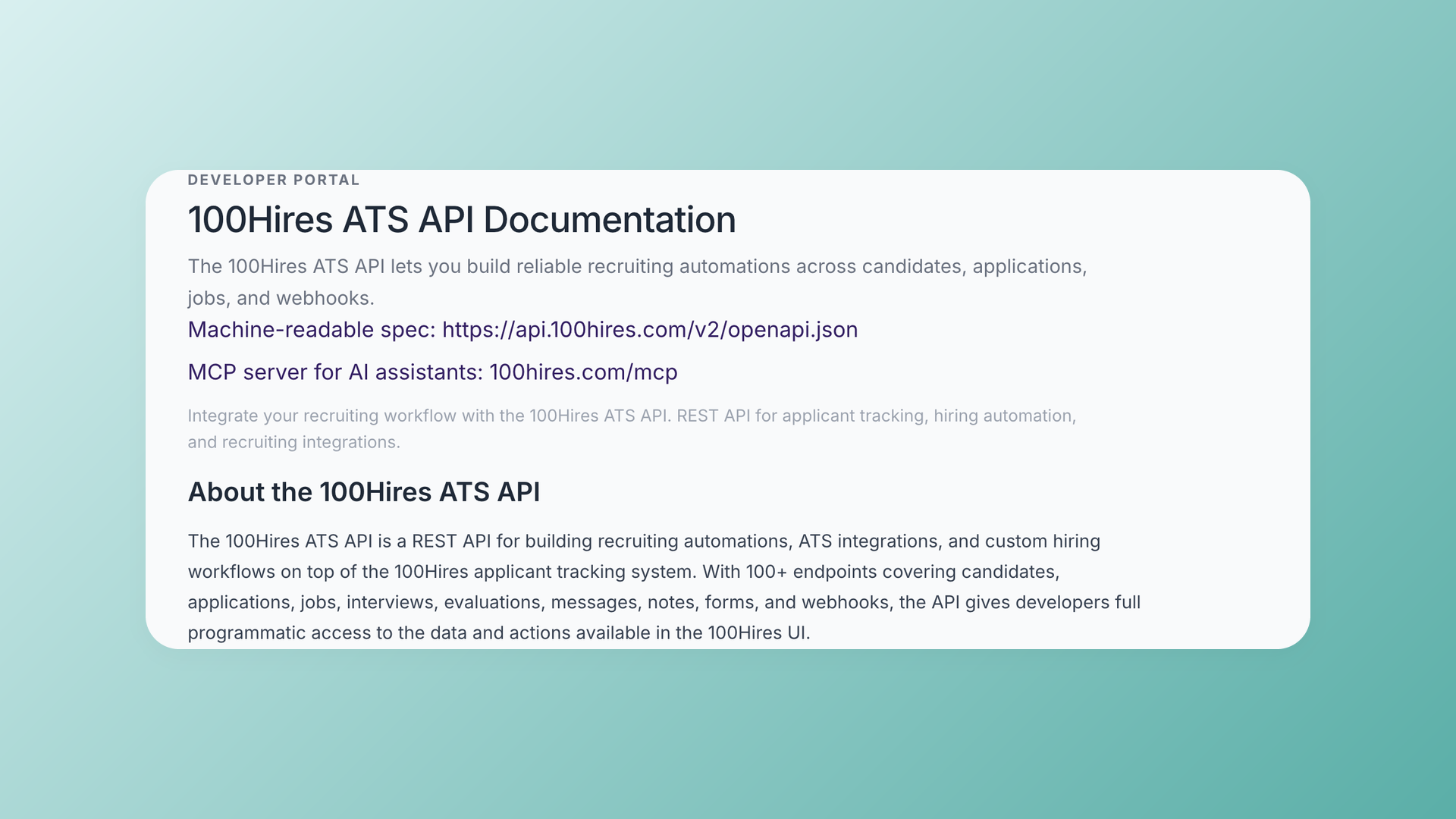 100Hires ATS API documentation developer portal showing REST endpoints, OpenAPI spec, and authentication