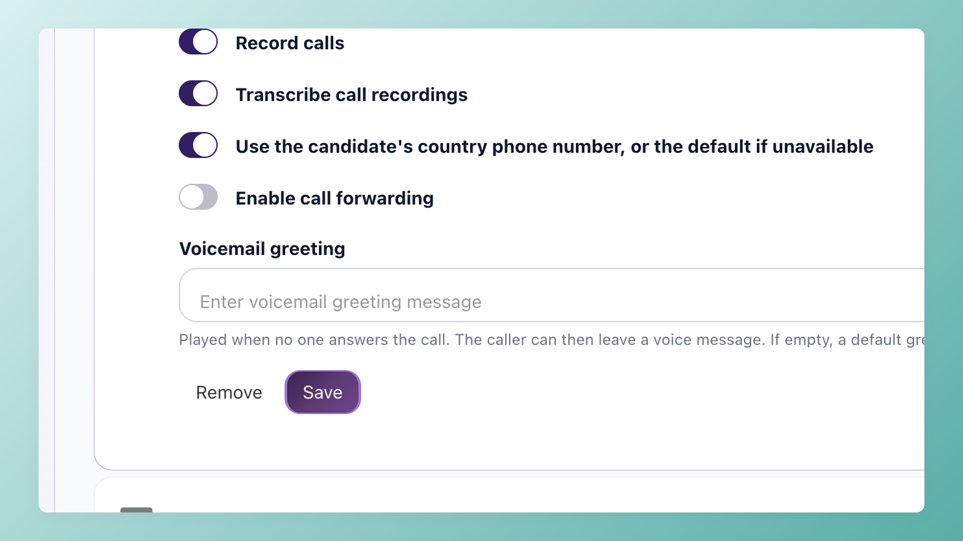100Hires Twilio call settings: record calls, transcribe recordings, country-number routing, call forwarding, and a voicemail greeting