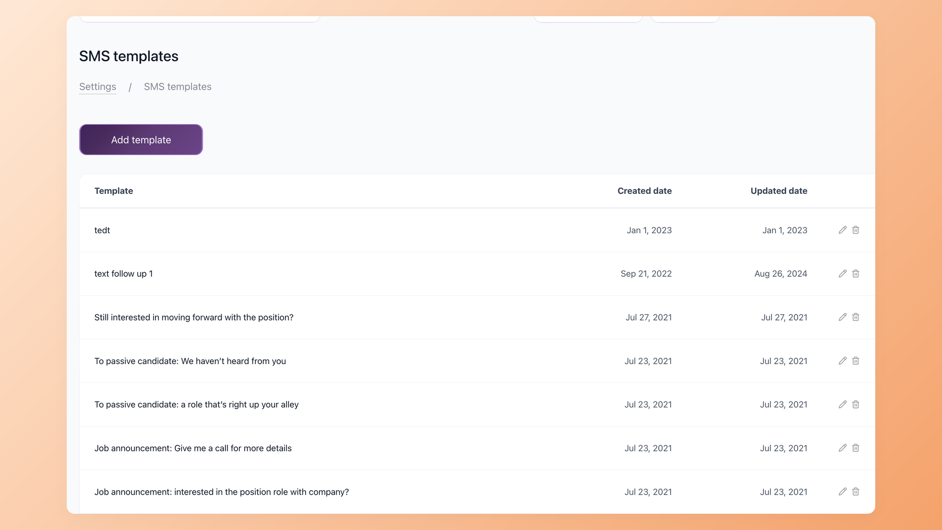 100Hires SMS templates manager with reusable candidate text templates for screening and follow-up