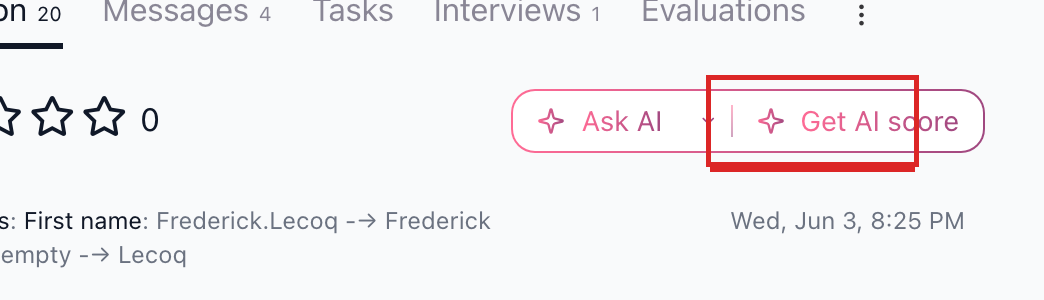 Candidate Discussion tab zoomed in on the Get AI score button (red outline)