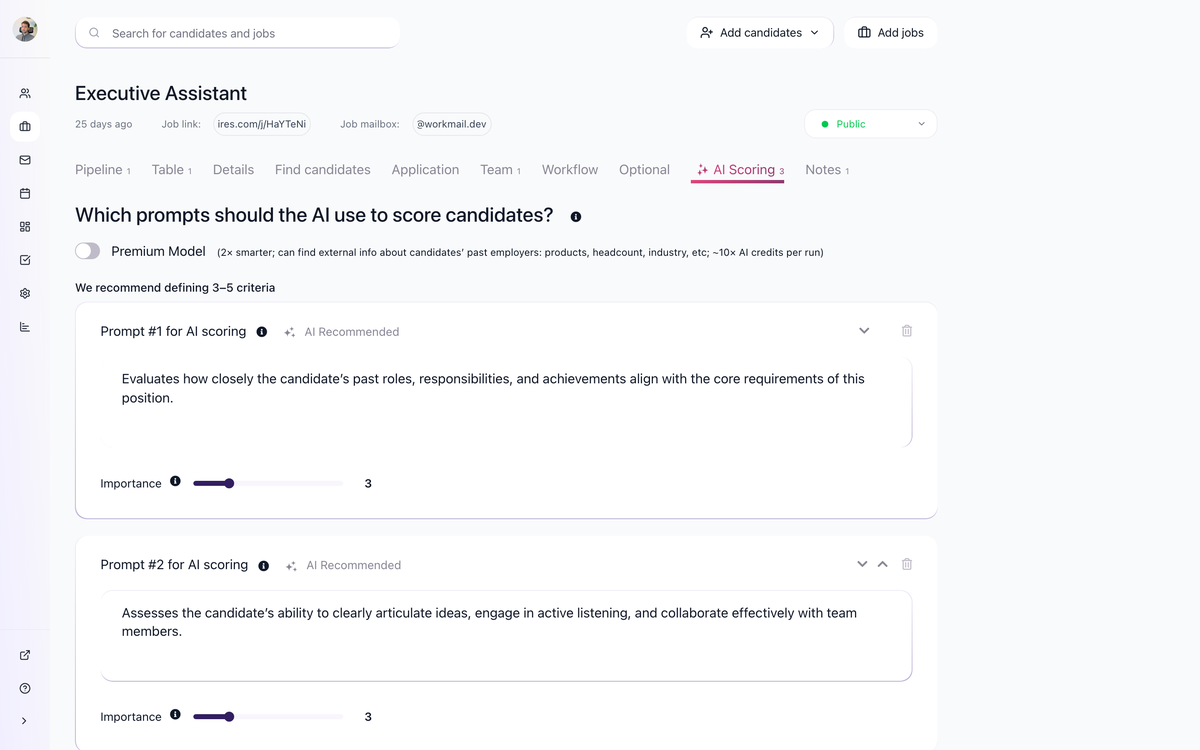 AI Scoring tab with per-job criteria and importance weights