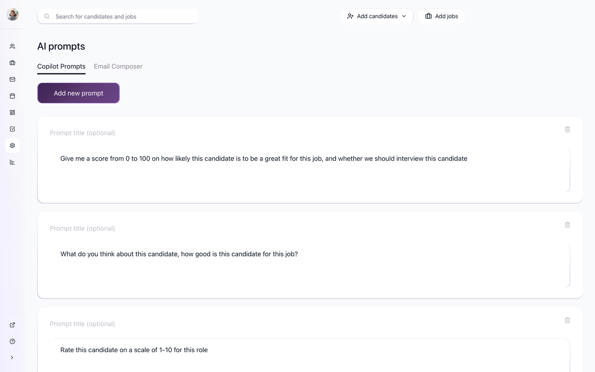 Settings page showing Copilot Prompts and Email Composer tabs - distinct from per-job AI Scoring