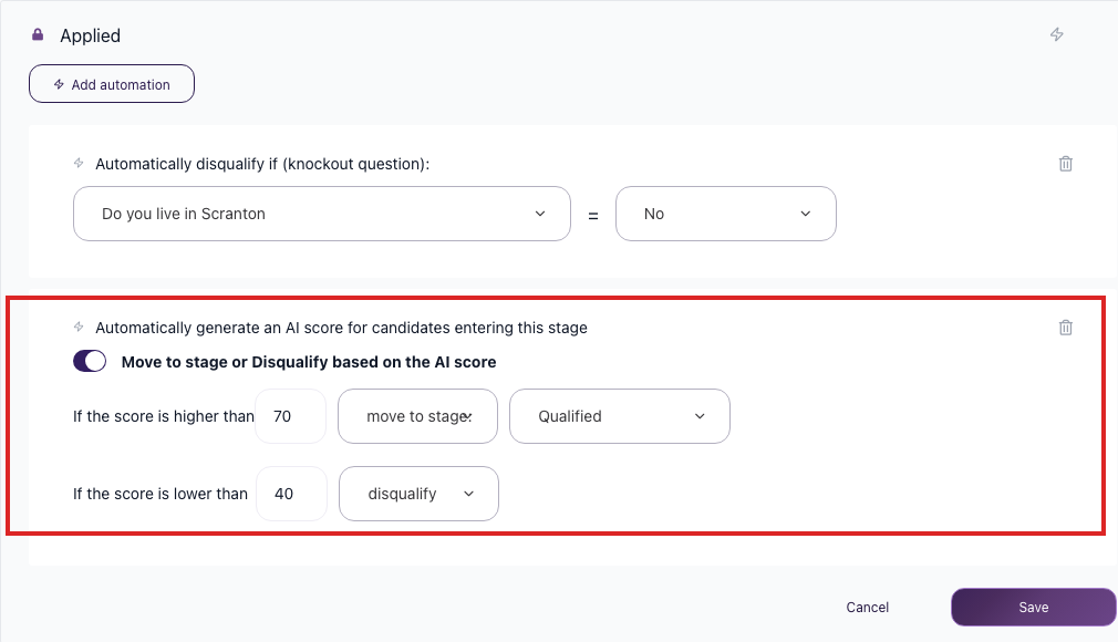 Applied workflow stage expanded - AI score automation with score-based stage move and disqualify thresholds, red outlined