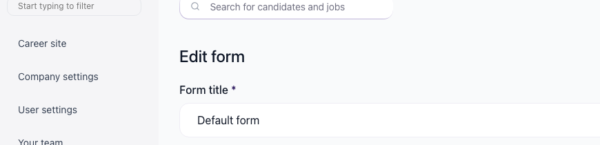 Application form editor showing a question on the default application form