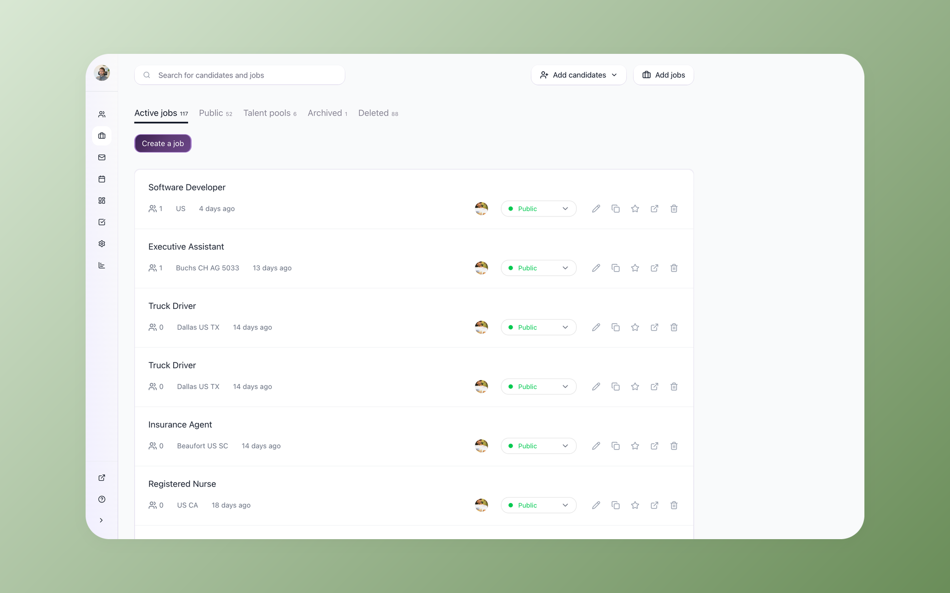 100Hires jobs dashboard showing active job postings with candidate counts and public status toggles
