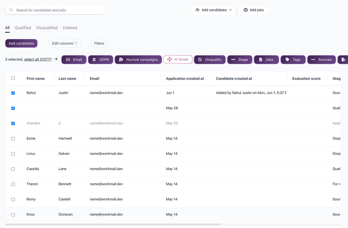 Candidates page with 3 candidates selected showing the bulk action toolbar - Email, GDPR, Nurture campaigns, AI Score, Disqualify, Stage, Jobs, Tags, Sources