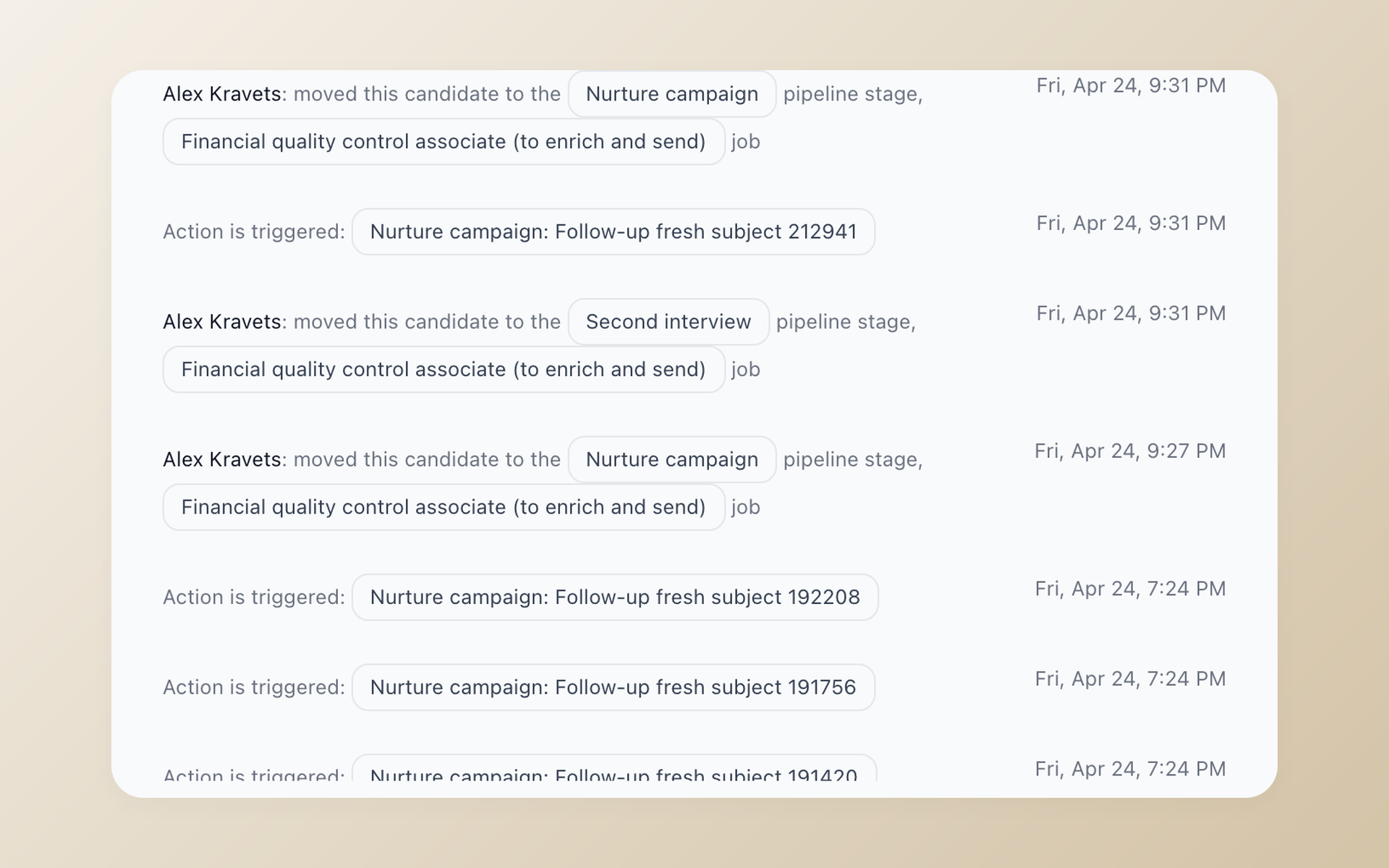 Zoomed 100Hires candidate discussion timeline showing activity history, application event, and team note