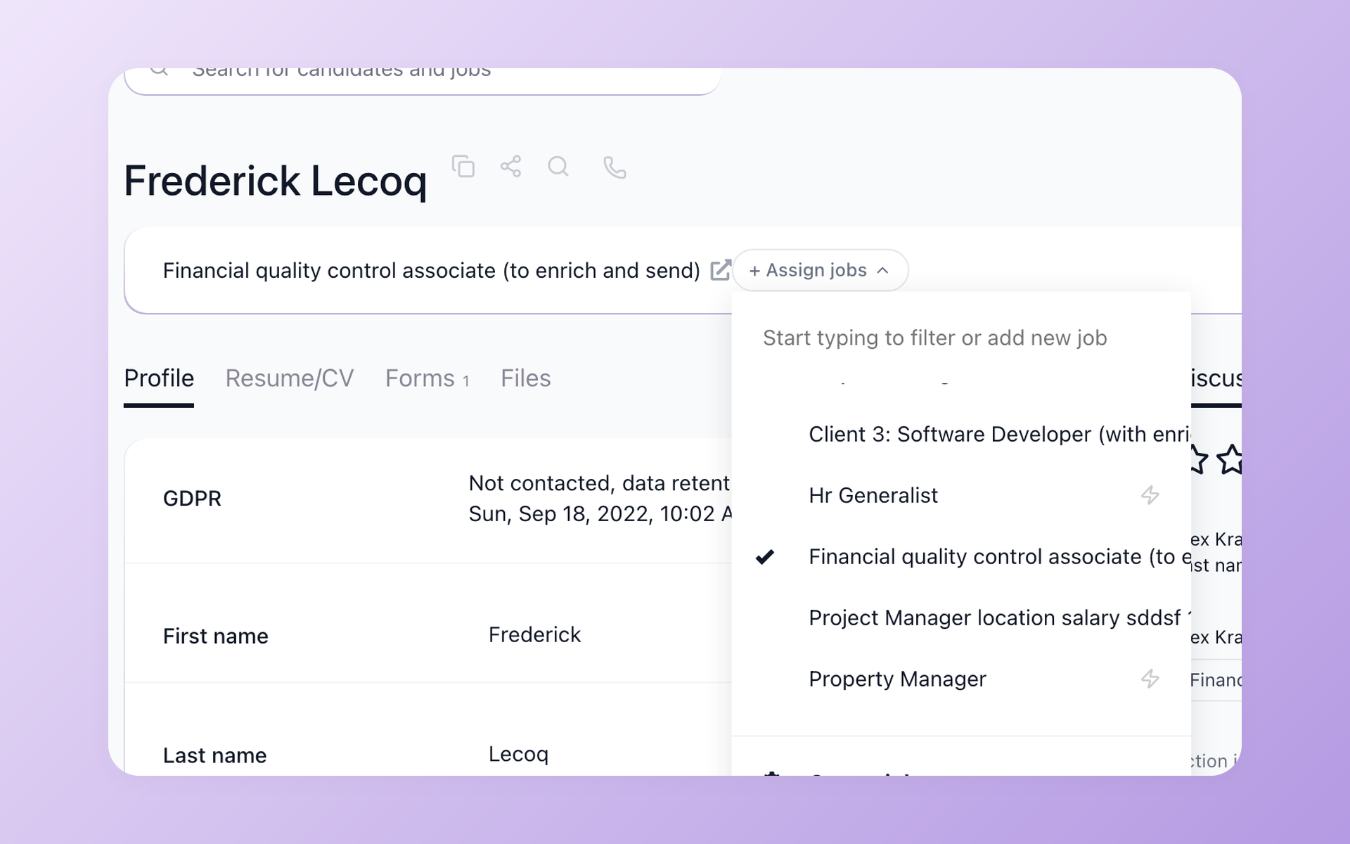 100Hires candidate profile Assign jobs dropdown showing one candidate assigned across multiple roles