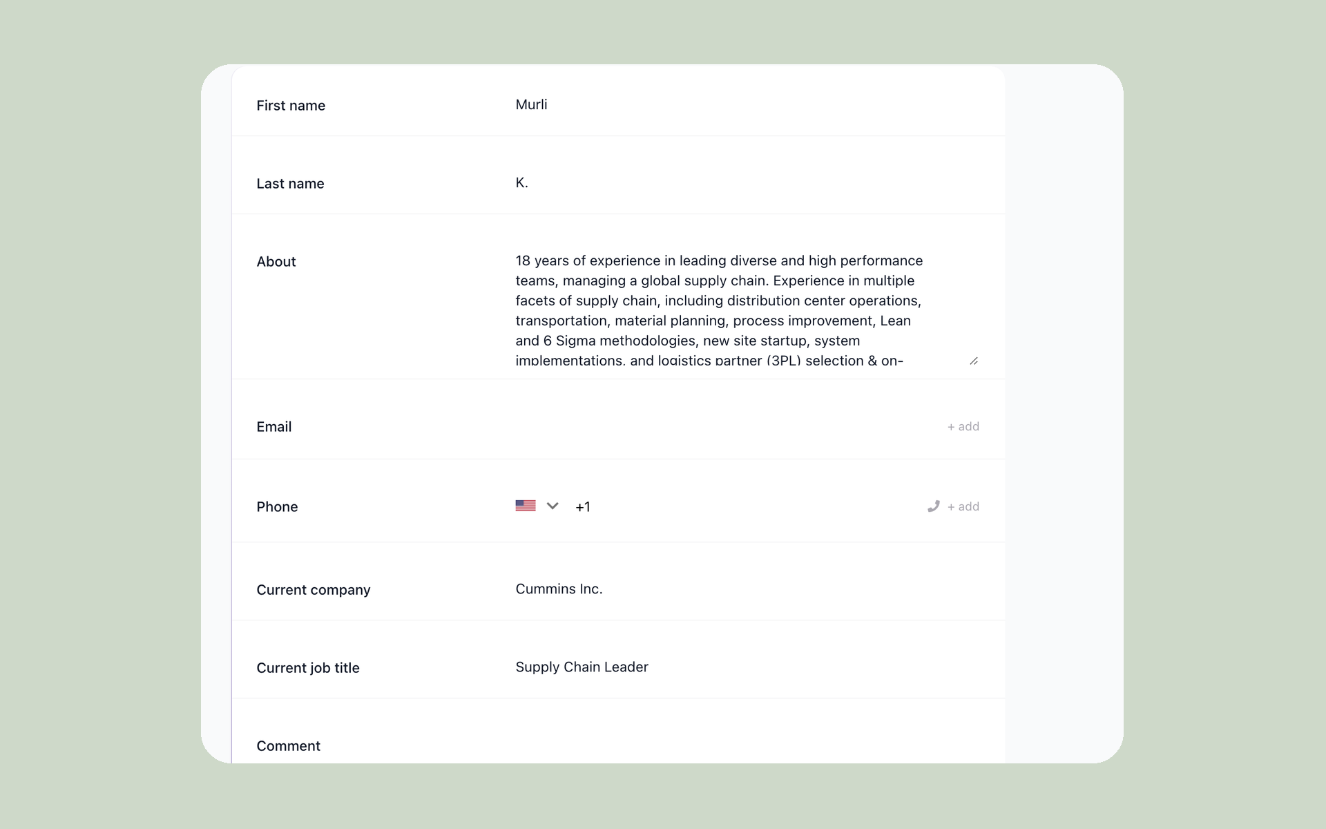 Zoomed 100Hires candidate profile fields showing resume-style structured data in one candidate record