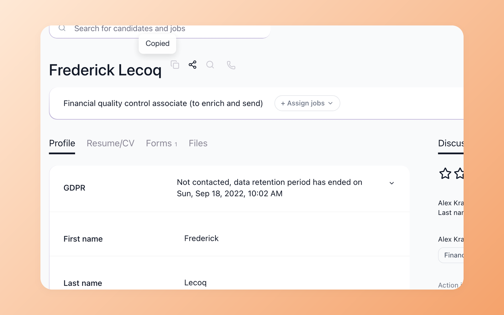 100Hires candidate profile header with copy link, share, search, and phone shortcuts