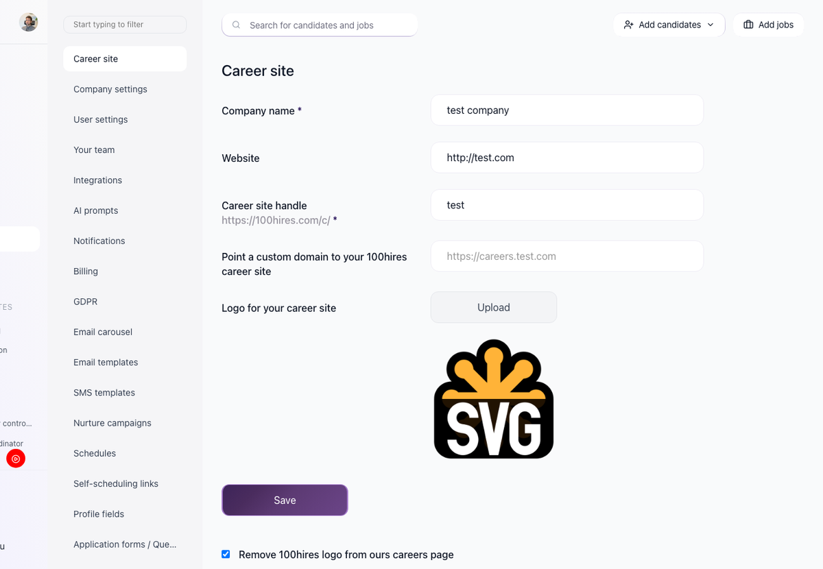 Settings > Career site page showing the company name, website, career site handle, custom domain, logo upload, and remove logo checkbox