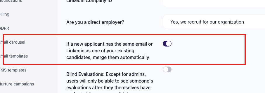 Settings > Company Settings page with Auto-merge duplicate applicants toggle highlighted