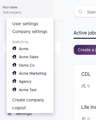 Top-left company switcher dropdown open with company list and Create company option