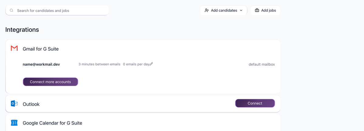 Connected mailbox daily sending limit with edit pencil in Settings > Integrations