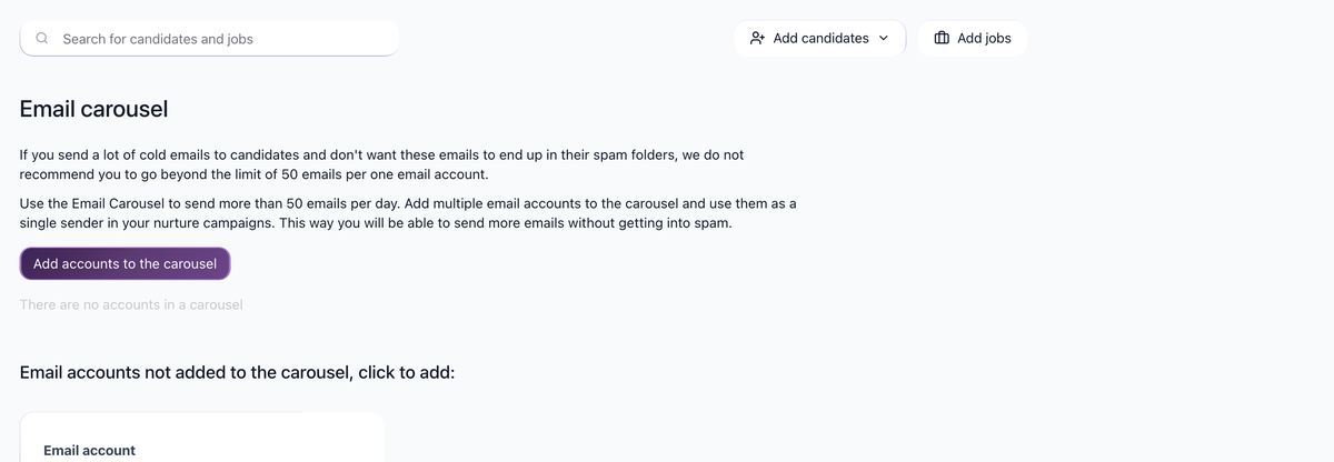 Email Carousel setup page with connected accounts available to add