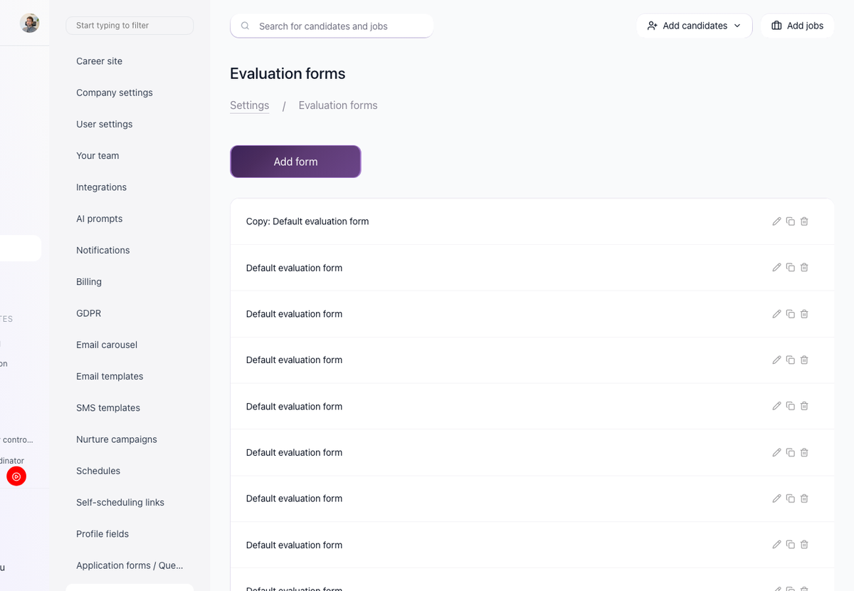 Settings > Evaluation forms page with the Add form button and the list of existing forms