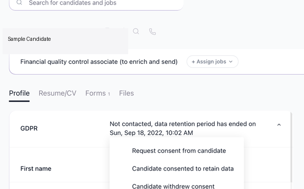 Candidate Profile tab with GDPR dropdown open showing Request consent and other options
