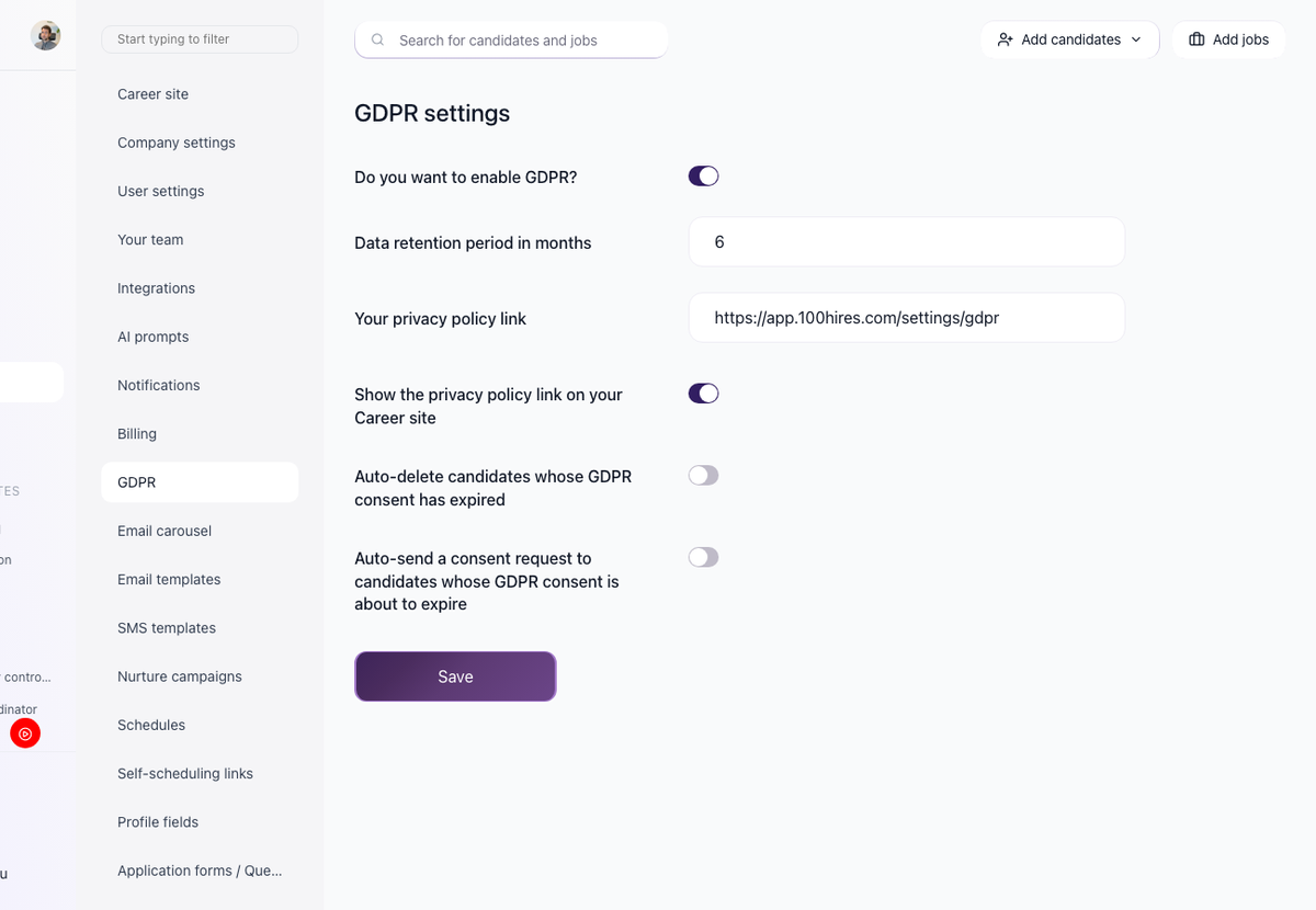 Settings > GDPR page with Enable GDPR toggle, Data retention period, Privacy policy URL, and auto-delete and consent options