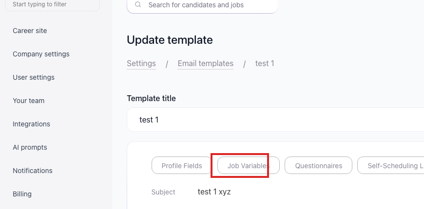 Email template editor showing the Job Variables placeholder-insert button highlighted